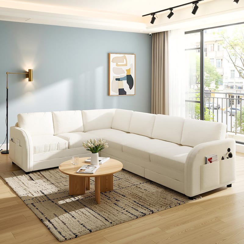 Homy Casa 85"/115" L-Shaped Sectional Sofa Bed USB & Side Pocket, Teddy Fabric Pull-Out Sleeper, Reversible Chaise, Multi Colors