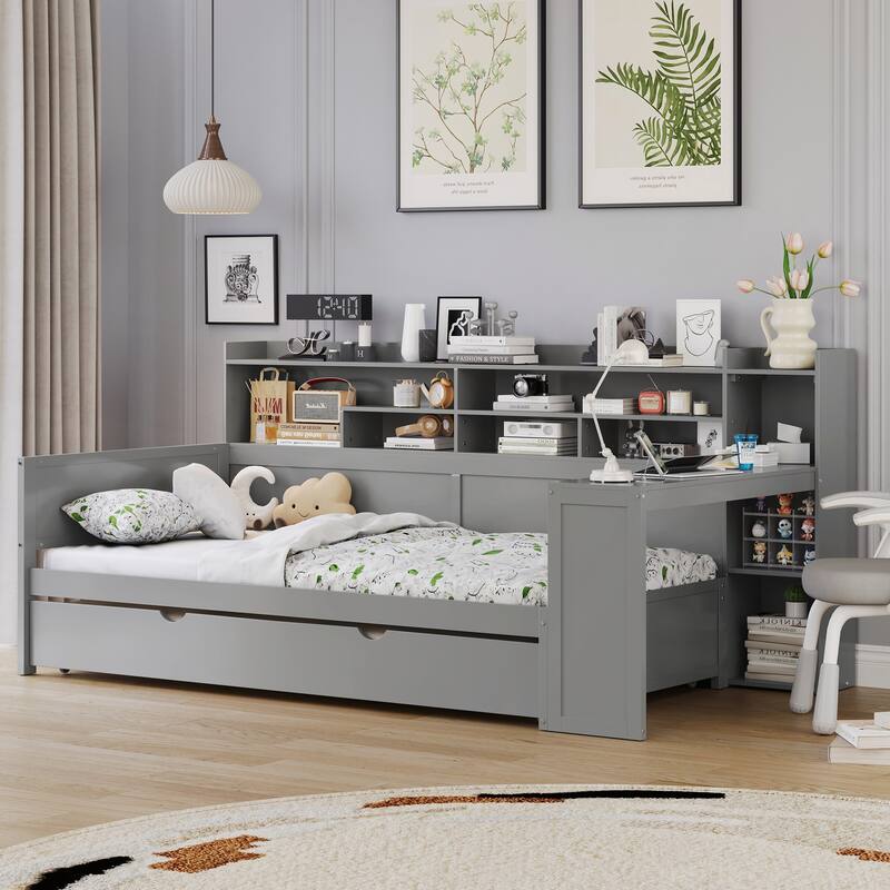Multi-functional Wooden Full Size Daybed with Twin Size Trundle Bed and Study Desk