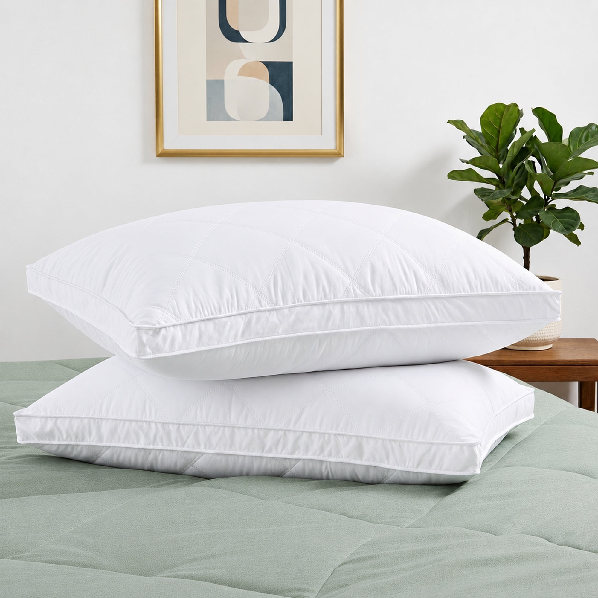 Set of 2 Premium Medium-Firm Goose Feather Down Bed Pillow with Gusset