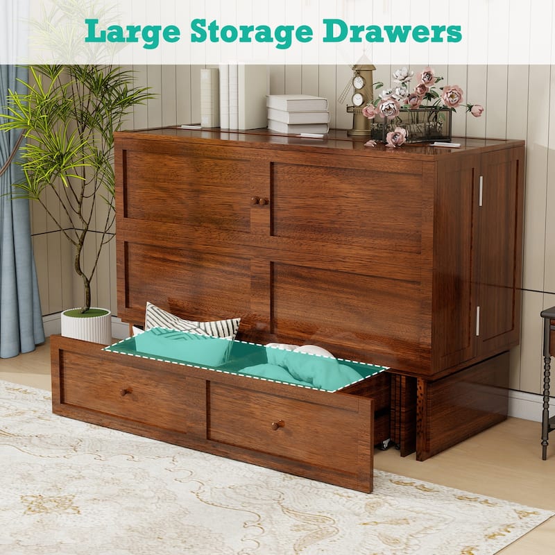 Solid Wood Murphy Bed Full Size with Storage | Space Saving Walnut Cabinet Bed with Easy Pull-Out Mechanism for Bedroom