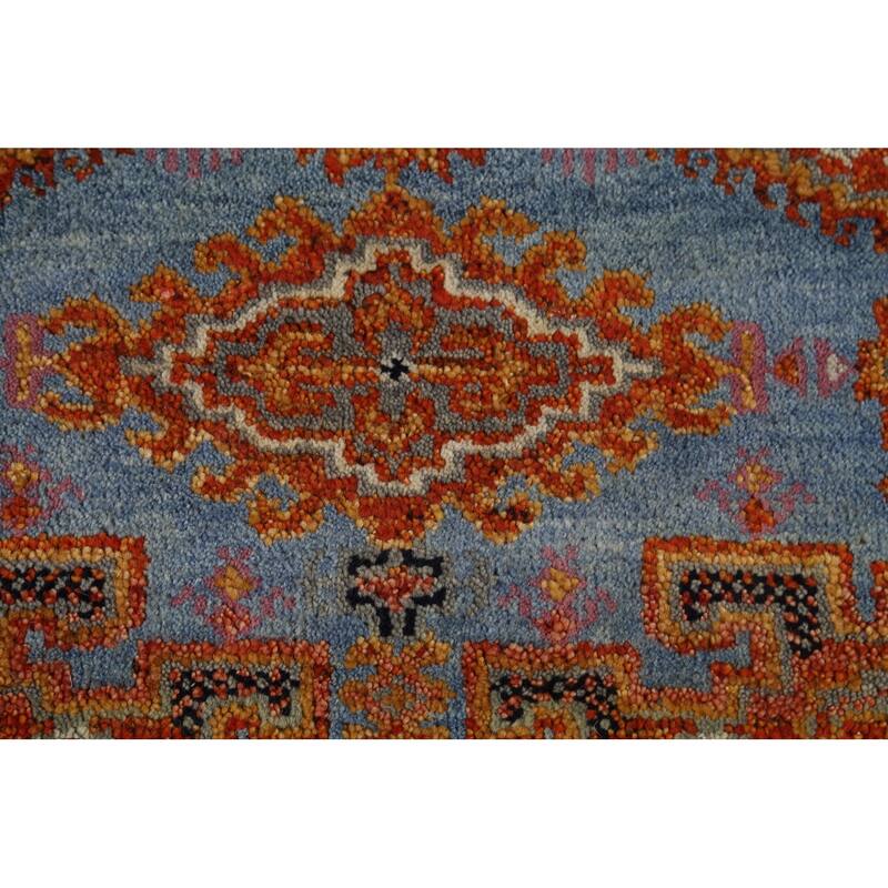 Blue Geometric Khotan Indian Runner Rug Hand-Knotted Wool Carpet - 2'8"x 7'10"