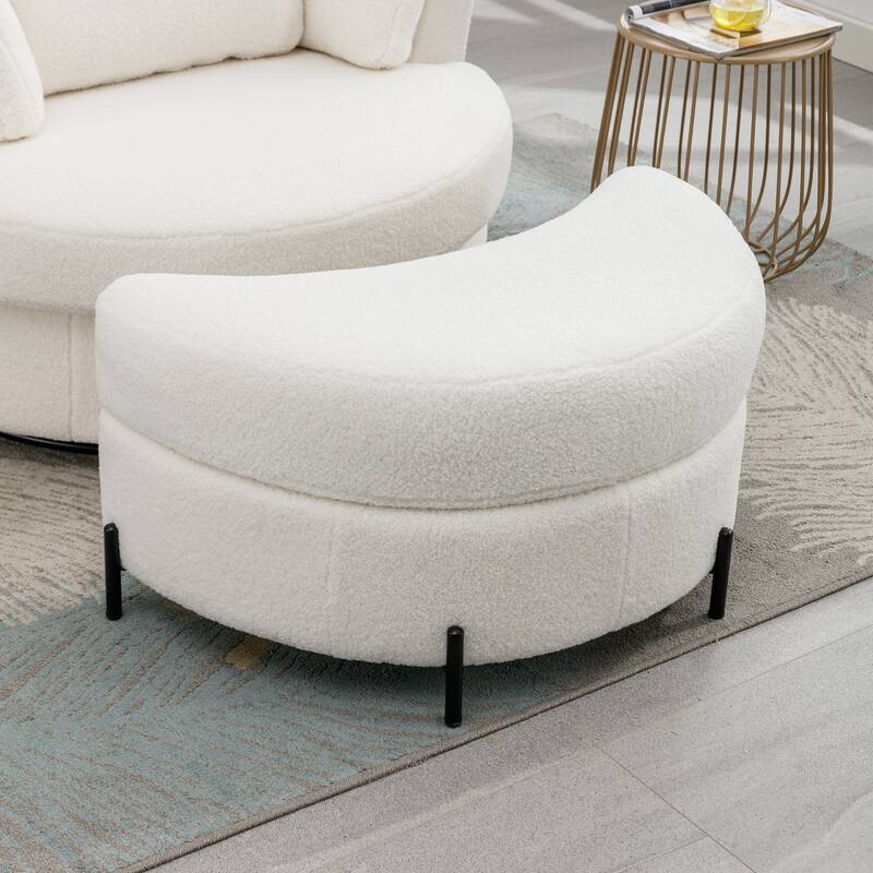 32.7" W Sherpa Upholstered Half Crescent Moon Storage Bench Large Ottoman With Tray Serve As Side Table Soft Padded Seat