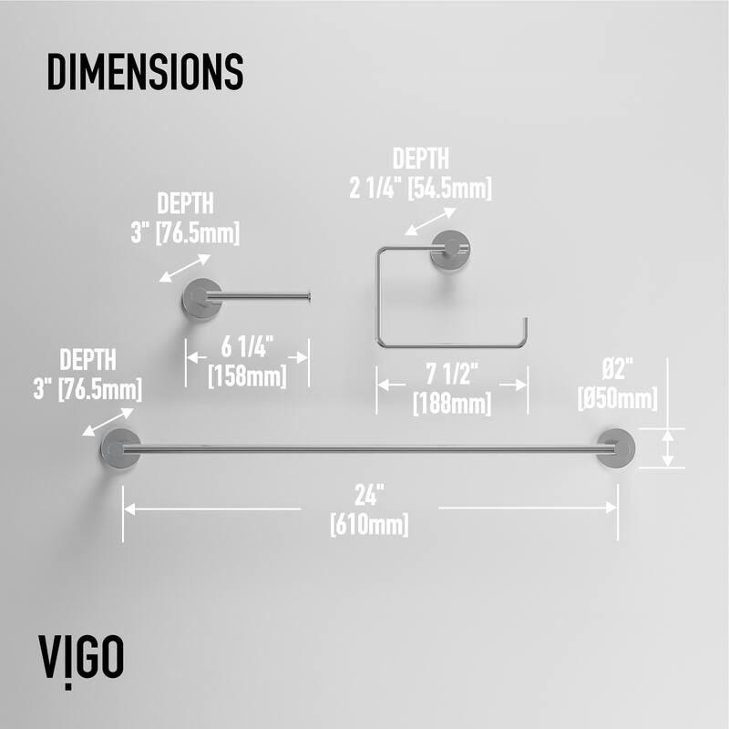VIGO Cass 3-Piece Bathroom Hardware Accessory Set with 24 in. Towel Bar, Toilet Paper Holder, Hand Towel Holder
