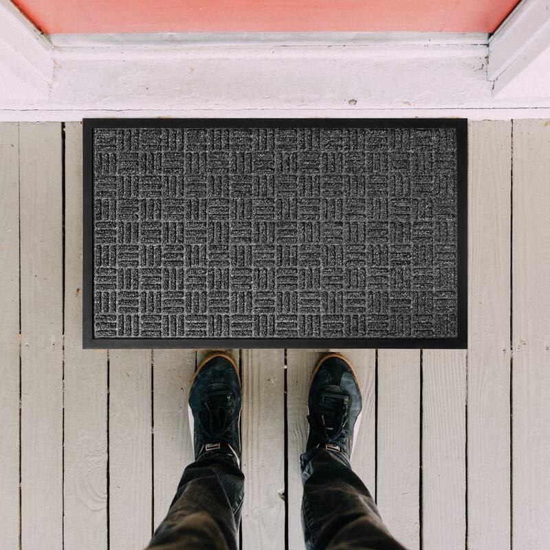 Outdoor Front Door Mat Checkerboard Yvan Polypropylene Rubber Rug Grey