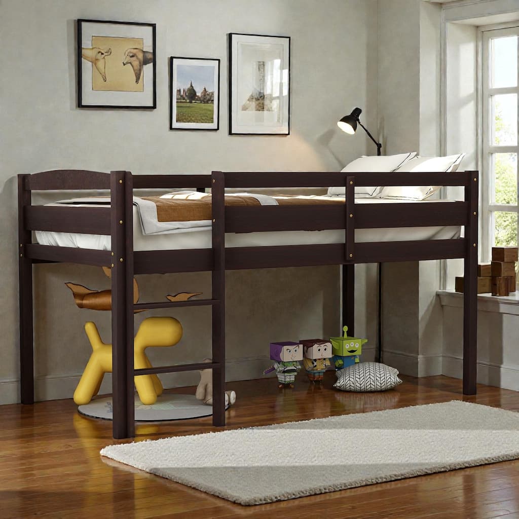 Twin Wood Low Loft Bed with Ladder, Solid Pine Kids Loft Bed, Space Saving Twin Loft Bed