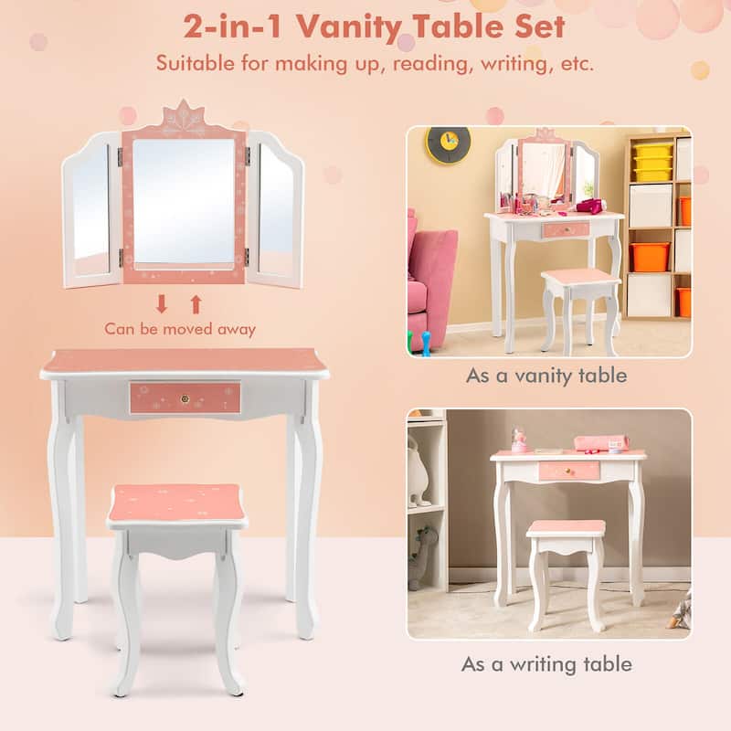 Gymax Kid Vanity Set Wooden Makeup Table Stool Tri-Folding Mirror