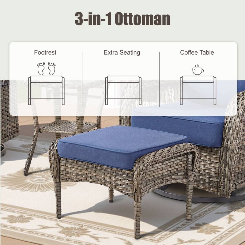 Pocassy Patio Sofa Ottoman Swivel Chair Table with Fire Table Funiture Set.