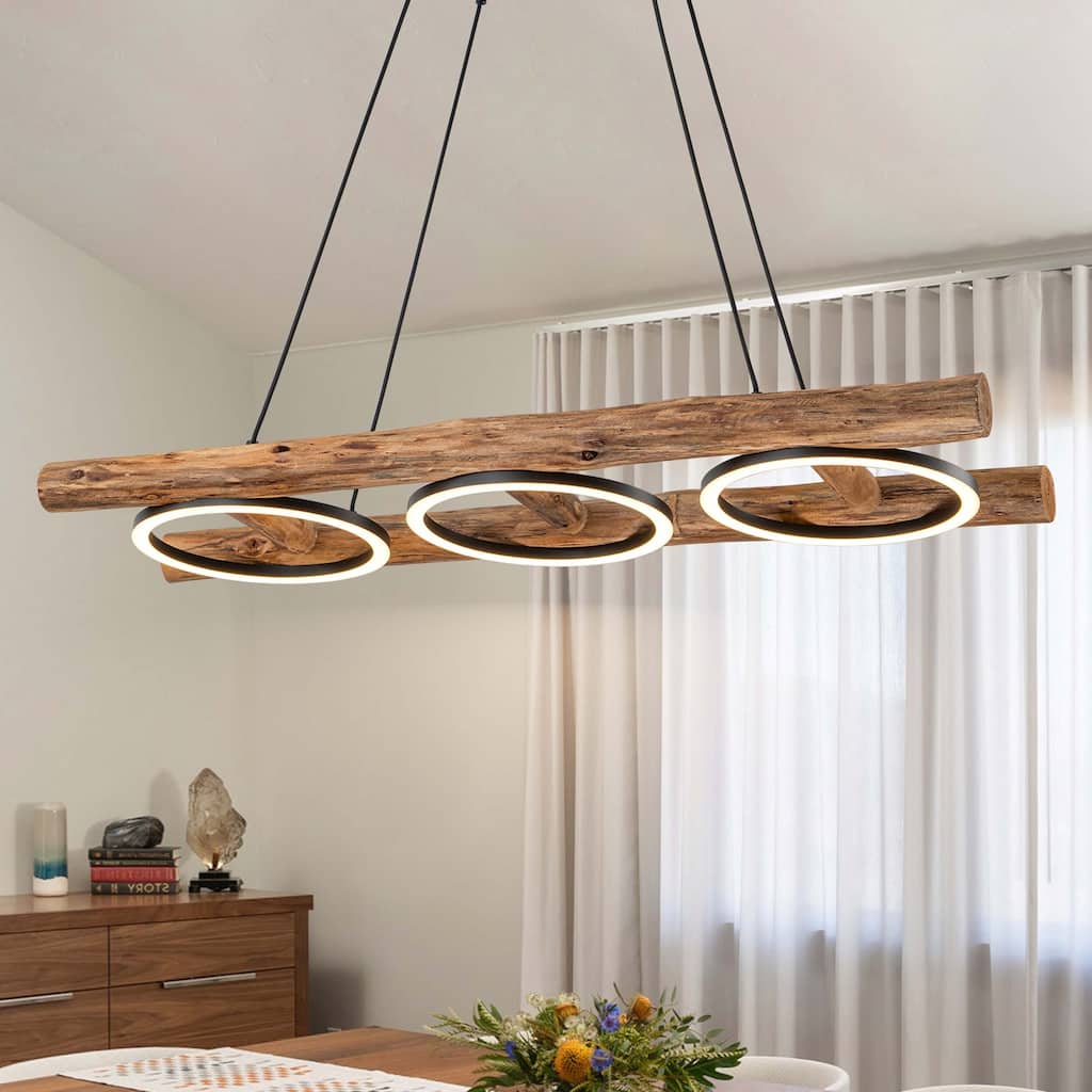 Rustic Wooden Dimmable Integrated LED Linear Pendant Light Adjustable Kitchen Island Lights - W 43.3"