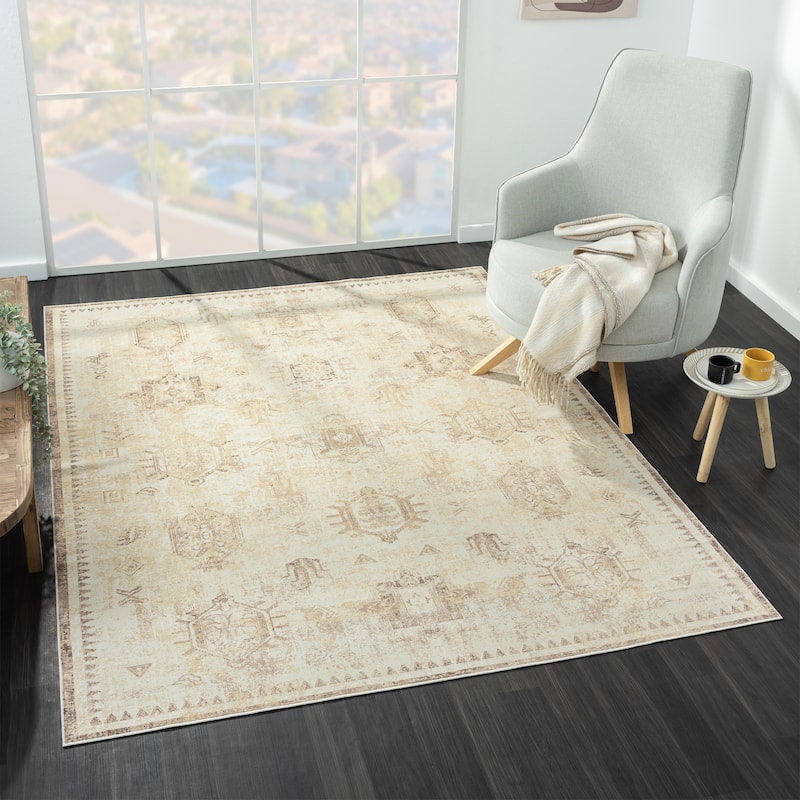 Sevita Alis Washable Non-Slip Farmhouse Beige Indoor Area Rug
