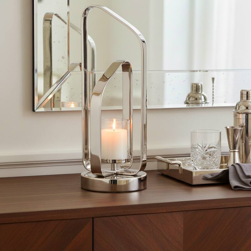 Candle Holder - Metal Stylish Hurricane - Silver/ Metallic - 17.0"