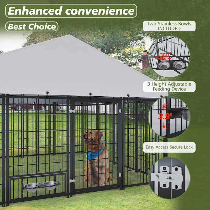 GDF Studio - Rockwell Extra Large Outdoor Dog Kennel with Roof Cover & Feeding System