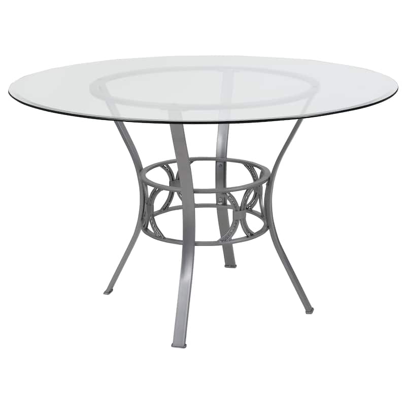 48'' Round Glass Dining Table with Crescent Style Metal Frame - 48"W x 48"D x 29.5"H - 48"W x 48"D x 29.5"H - Clear Top/ Silver Frame