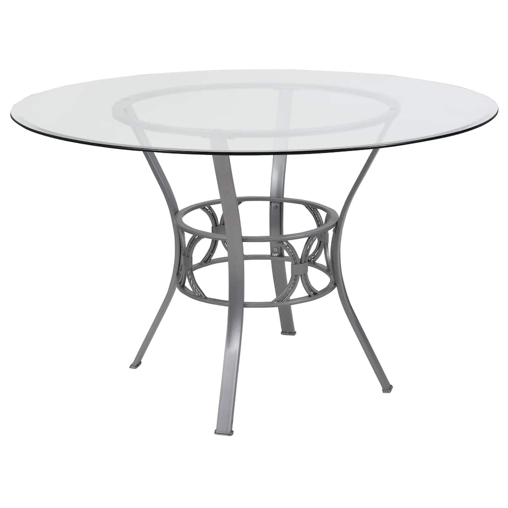 48'' Round Glass Dining Table with Crescent Style Metal Frame - 48"W x 48"D x 29.5"H - 48"W x 48"D x 29.5"H