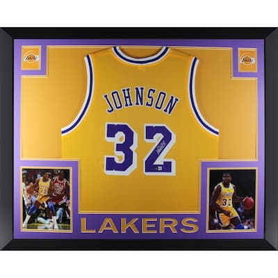 Magic Johnson Autographed Los Angeles Pro Style Gold Signed Basketball Framed Jersey Beckett COA - 8'6" x 11'6"