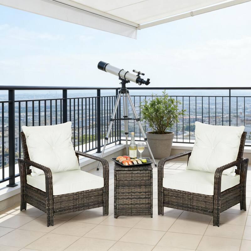 GDFStudio Outdoor 2 Chair & 1 Table Rattan 3 Piece Set - Beige+Brown