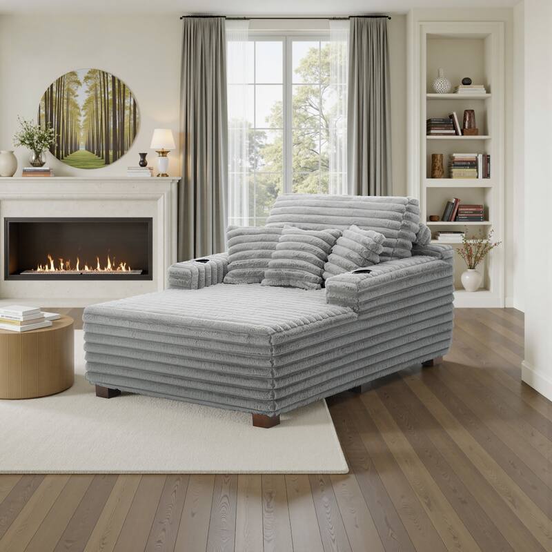 53"W Oversized Plush Fur-Like Chaise Lounge Sofa with Cup Holder