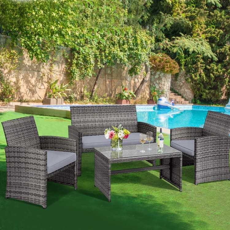 4 Pieces Patio Rattan Furniture Set with Glass Table and Loveseat - 43.5" x 25"x 31" (L x W x H)