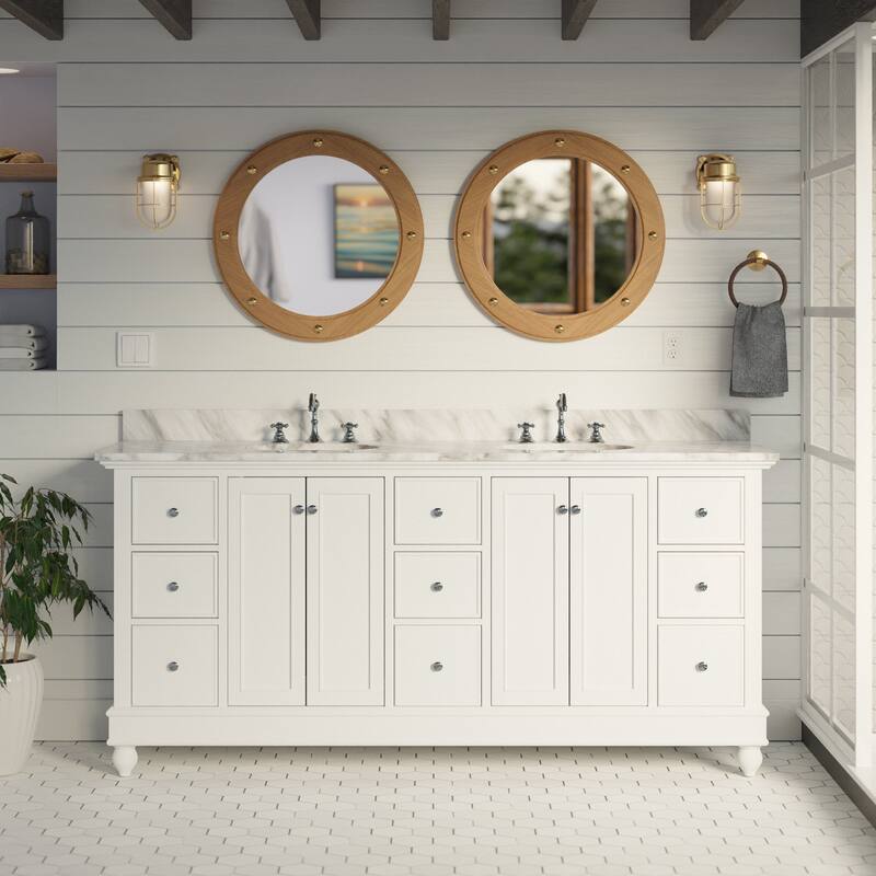 KitchenBathCollection Bella 72" Double Bathroom Vanity with Carrara Marble Top - White