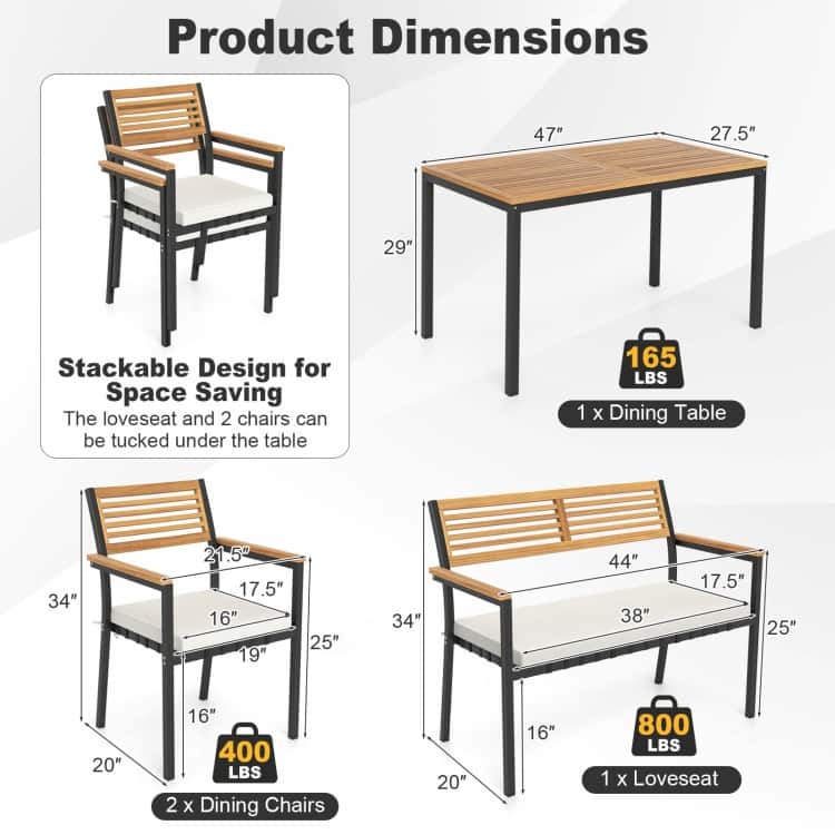 Wood Black Acacia 4 Piece Patio Dining Set with Bench and Cushions - Table Size: 47" x 27.5" x 29"