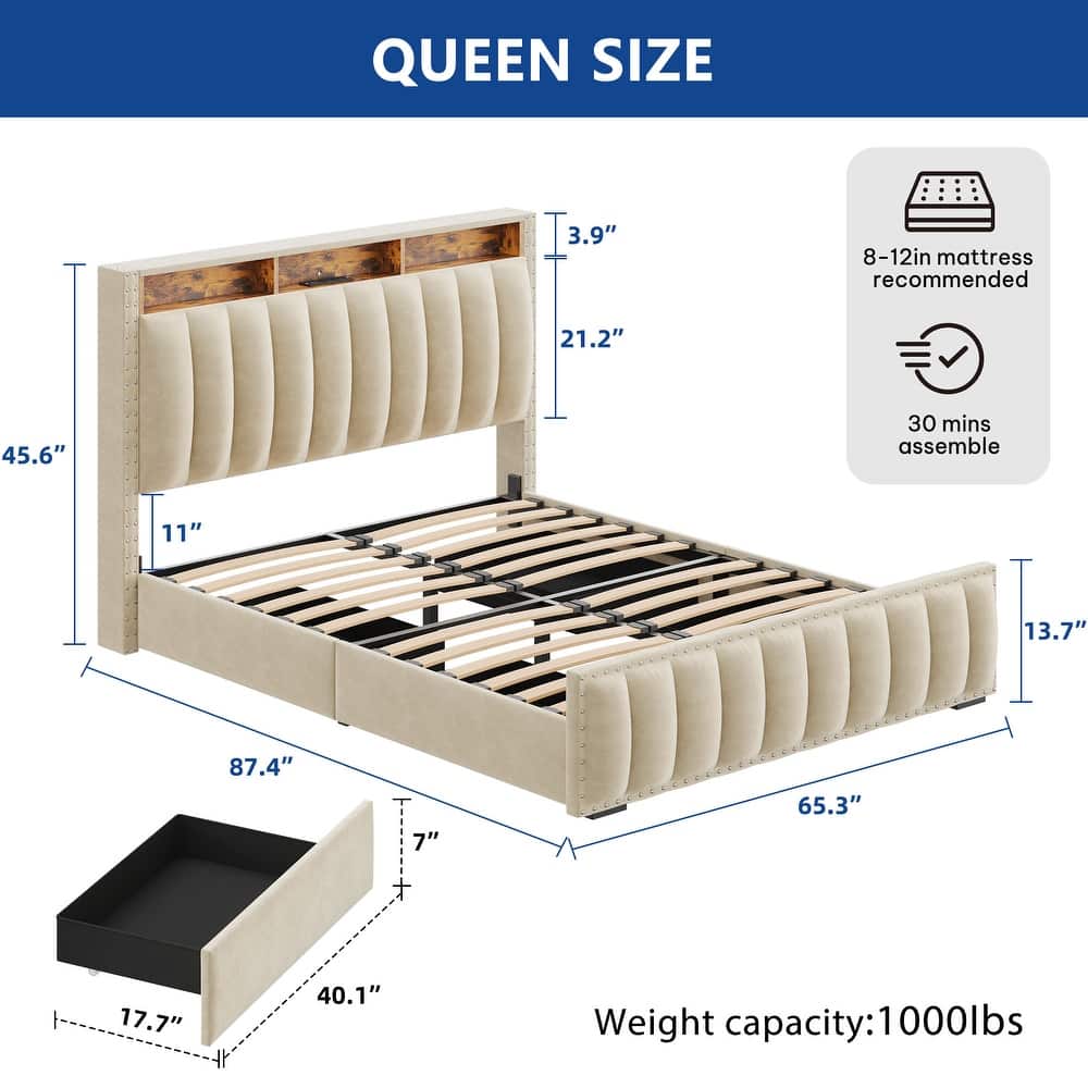 Moasis Full/Queen/King Velvet Upholstered Platform Bed Bedframe with Charging Station and 4 Storage Drawers