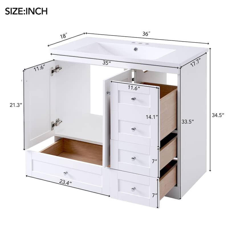 36" Shaker Style Bathroom Vanity with Ceramic Sink, Soft-Close Doors, 4 Drawers, Painted MDF Cabinet