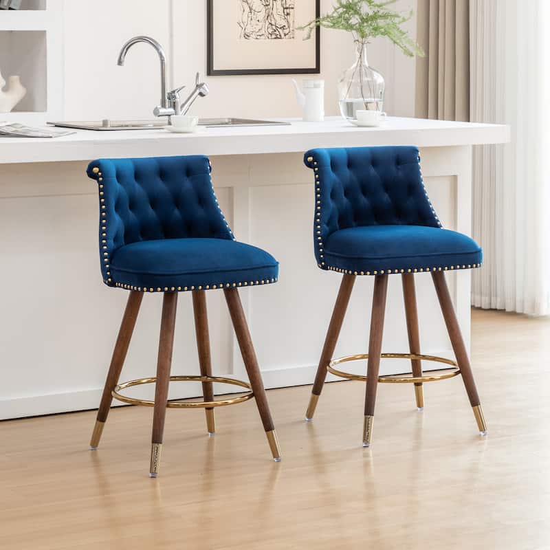 Set of 2 Button-Tufted Counter Stools with Nailhead Trim - Blue
