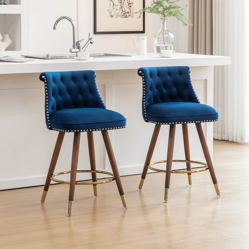 Set of 2 Button-Tufted Counter Stools with Nailhead Trim
