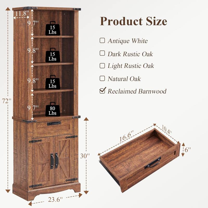 72" Tall Farmhouse Bookshelf, Bookcase, Office Wood Bookshelf