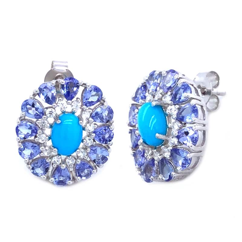 Sterling Silver Sleeping Beauty Turquoise And Tanzanite Gemstone Stud Earrings