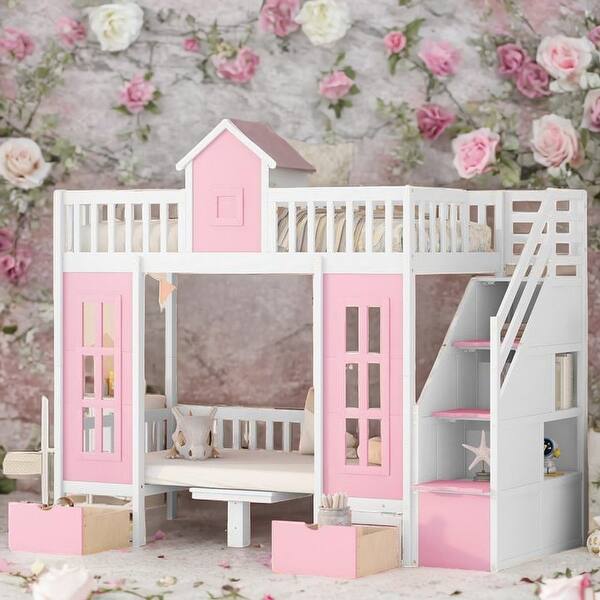 slide 2 of 20, Twin over Twin Bunk Bed With Changeable Table,Conversation Desk Pink