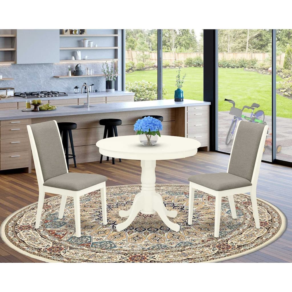 3-Piece Linen White Finish Solid Wood Top - Round Dining Room Set - Seats 4