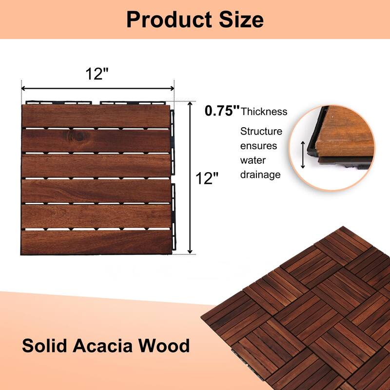 10 PCS Interlocking Deck Tiles Striped Pattern, 12" x 12" Square Acacia Hardwood Outdoor Flooring for Patio, Bancony