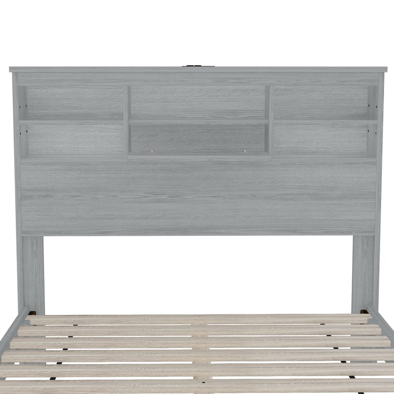 Vintage Platform Bed With Storage Headboard and Charging Station
