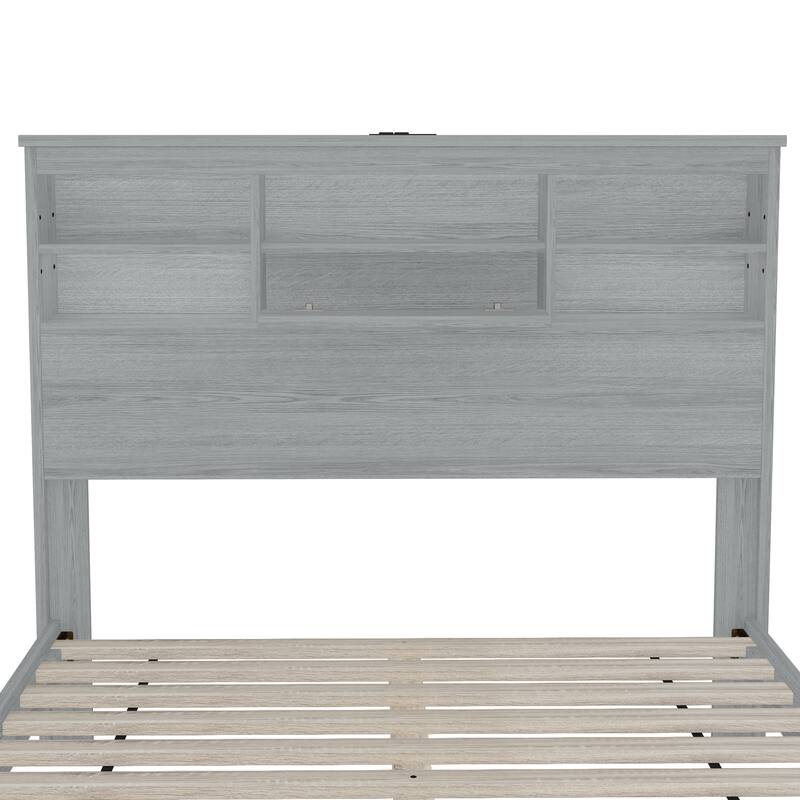 Wooden Platform Bed with Storage Headboard and USB Charging Ports