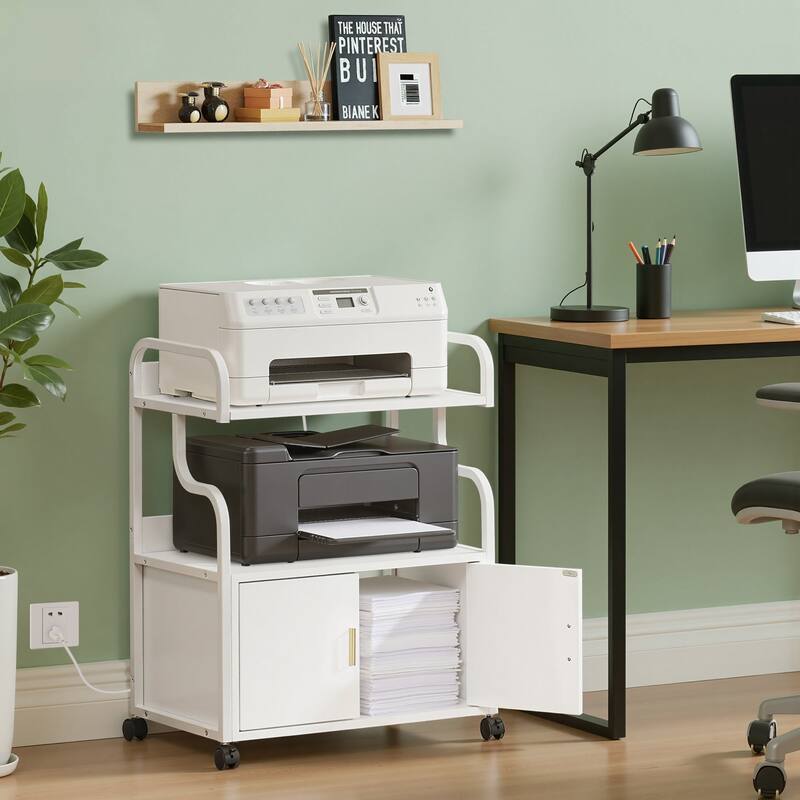 Javlergo 2-in-1 White Rolling Utility Cart with Outlets & USB Ports 3-Tier Open Shelf or 2-Tier with Door Cabinet Office Cart - Powder Coated - White