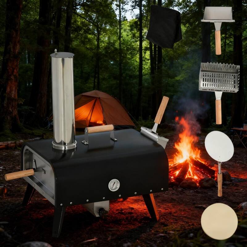 GDFStudio - Portable Outdoor Pellet Pizza Oven with 12" Cordierite Stone, Foldable Legs, Thermometer and Pizza Peel