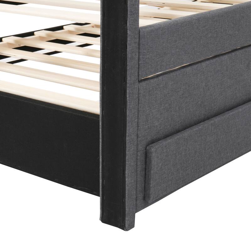 Upholstered Platform Bed Captain Bed with Trundle and 3 Drawers, Vertical Striped Linen Headboard and Footboard Slats Support