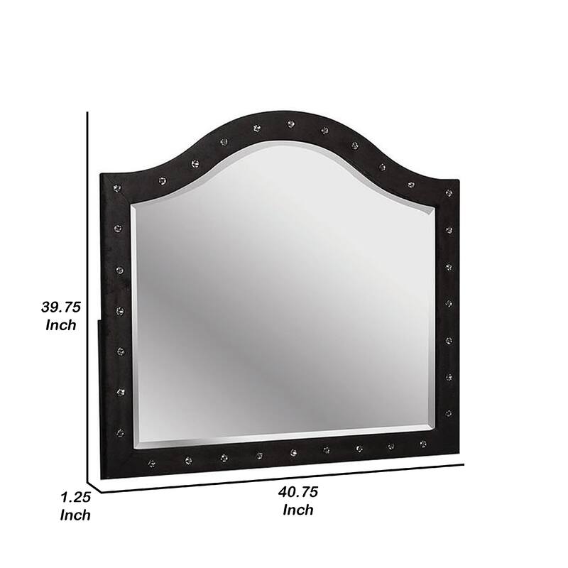 Rea Dresser Vanity Mirror, Crystal Tufted Black Velvet Upholstered Arched Frame