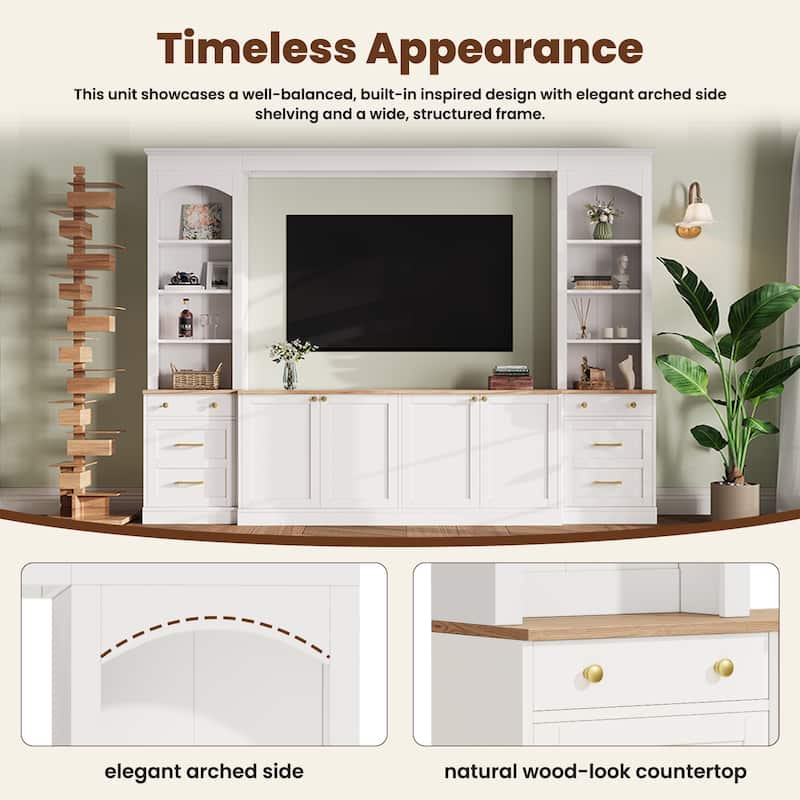 Farmhouse Arched Entertainment Center Wall Unit with Bookshelf,for TVs Up to 70",106"Multi-Functional Media Console with Drawer