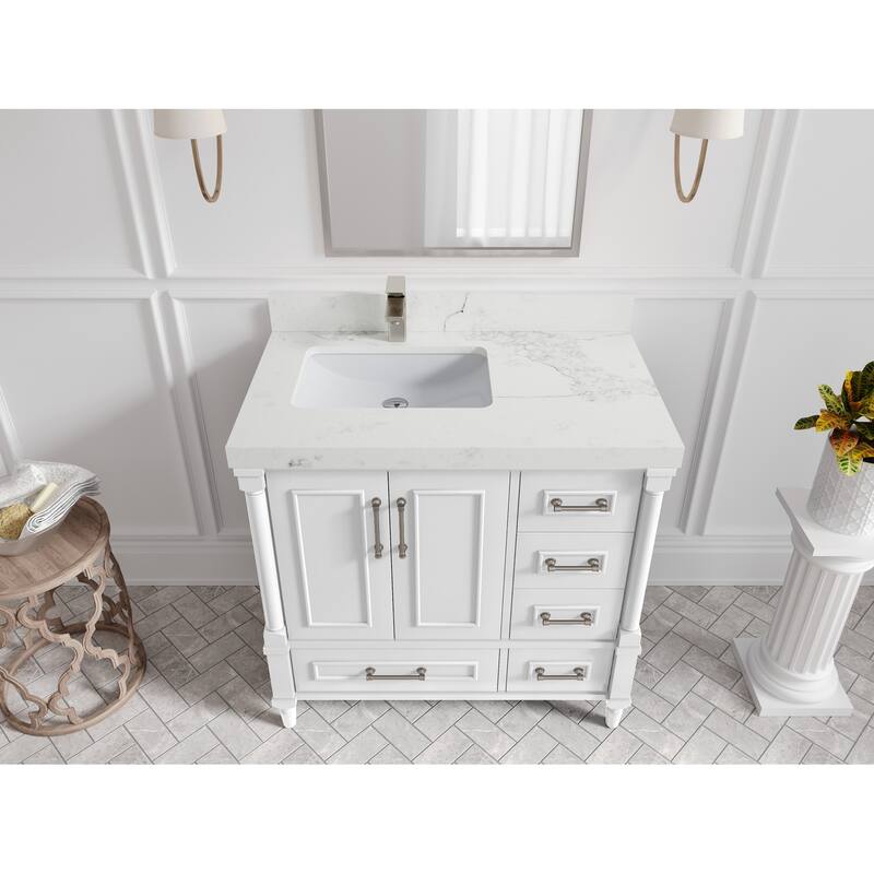 Willow Collections 36 in. W x 22 in. D Aberdeen Left Offset Sink Bathroom Vanity with Countertop - 2" Calacatta Nuvo - White