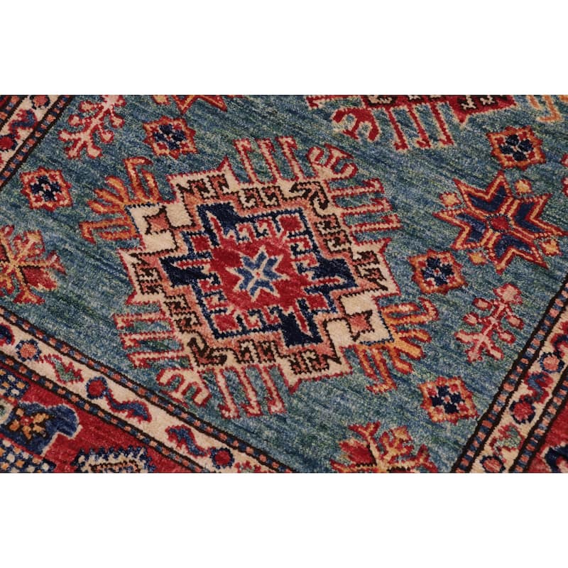 Tribal Super Kazak Sage Green/Red Hand Knotted Wool Rug - 3'0'' x 4'0''