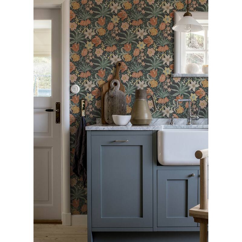 A-Street Prints Cecilia Black Tulip and Daffodil Wallpaper