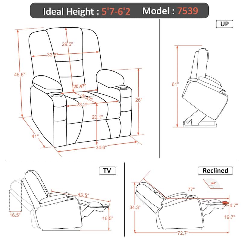 MCombo Large Lift Recliner Chair with Massage and Heat for Elderly, Extended Footrest, Cup Holders, USB Ports, Faux Leather 7539