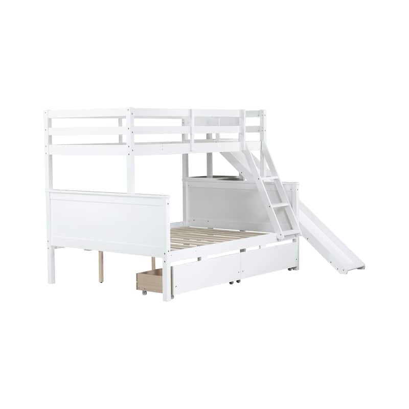 Twin over Full Storage Bunk Bed with 2 Drawers, Shelves, Slide and Ladder, Wooden Low Bunk Bed Frame, Rubber Wood Kids Bunk Bed