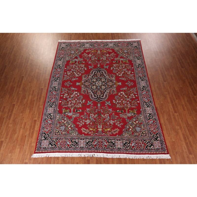 Animals Red Floral Kashan Turkish Area Rug Machine-Made Carpet - 9'7" x 12'8"