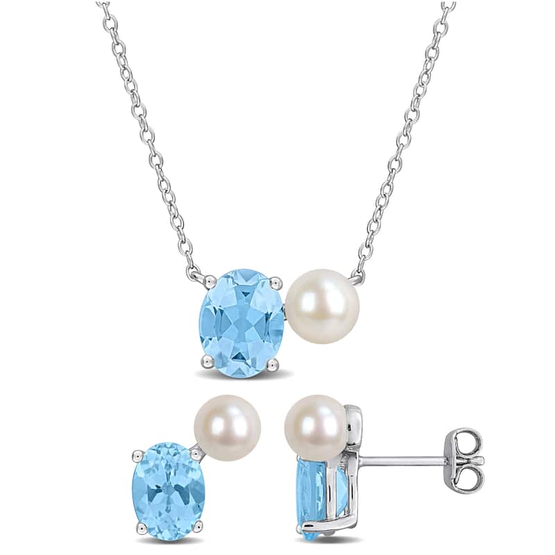 Miadora Cultured Freshwater Pearl 5.5ct TGW Sky Blue Topaz Earrings Necklace Set Sterling Silver