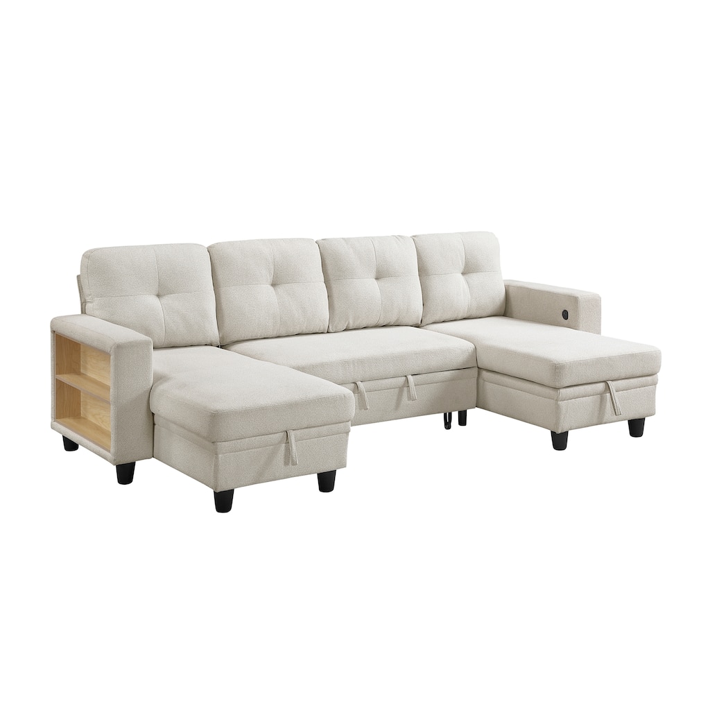 Hazel Boucle Sectional Sofa - Two Chaises, Pull-out Bed, Shelves