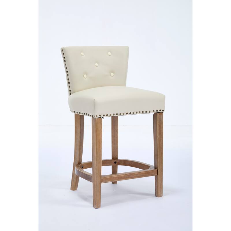 Set of 2 Cow Print Leather Bar Stools with Back, Fixed Height Wooden Frame, Beige