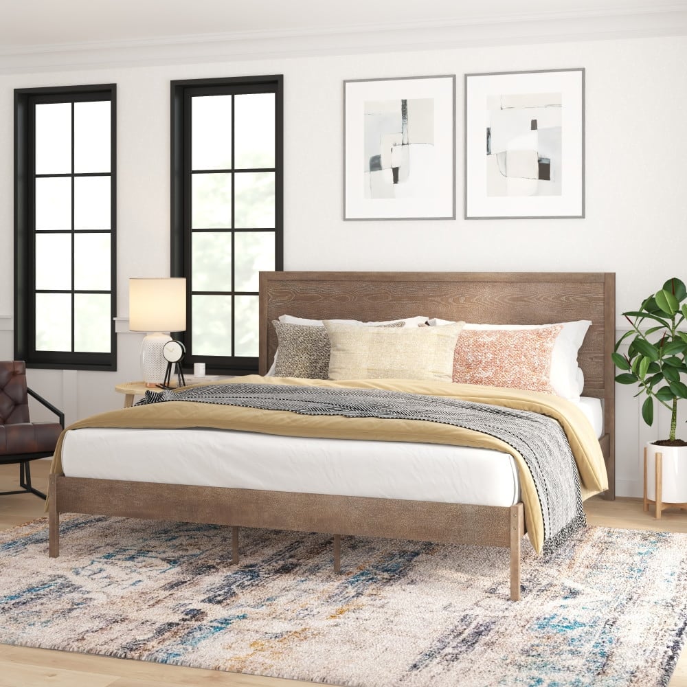 Solid Wood Platform Bed with Headboard and Wooden Slats