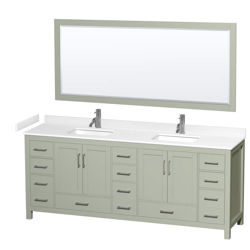 Sheffield Double Bathroom Vanity Set, Cultured Top, 70-Inch Mirror - 84-Inch Double - Light Green, White Cultured Marble Top,Nickel Trim